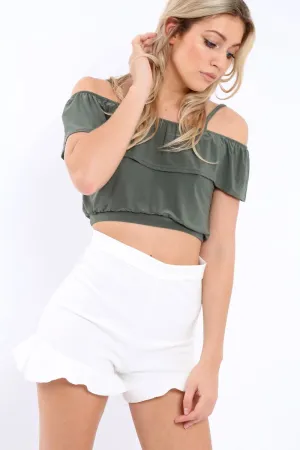 Khaki Cold Shoulder Crop Top - Clora