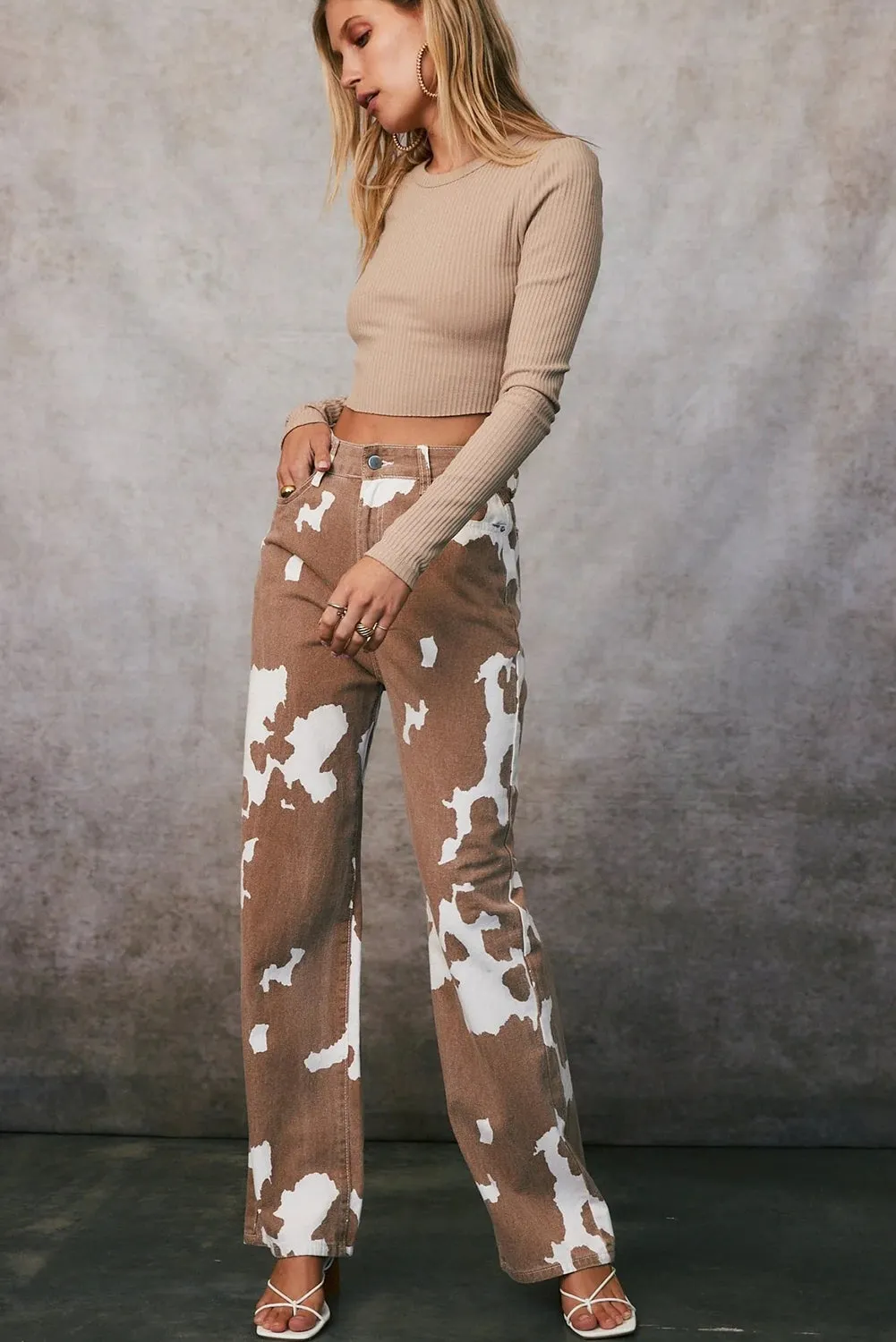 Khaki Cow Spot Print Pocketed Jeans