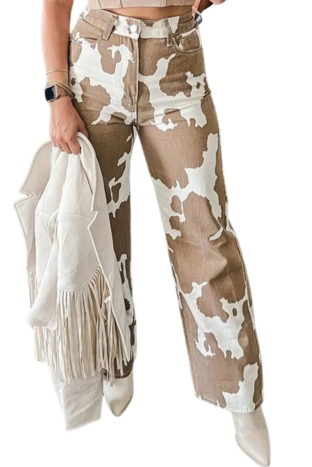 Khaki Cow Spot Print Pocketed Jeans