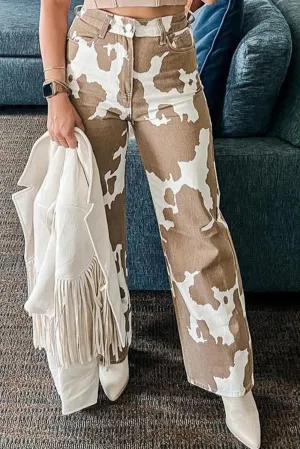 Khaki Cow Spot Print Pocketed Jeans