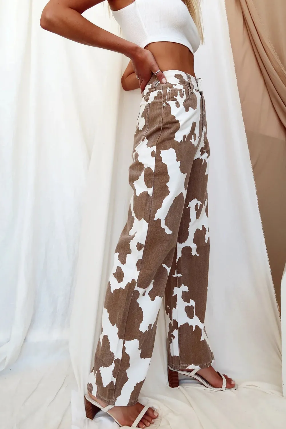 Khaki Cow Spot Print Pocketed Jeans