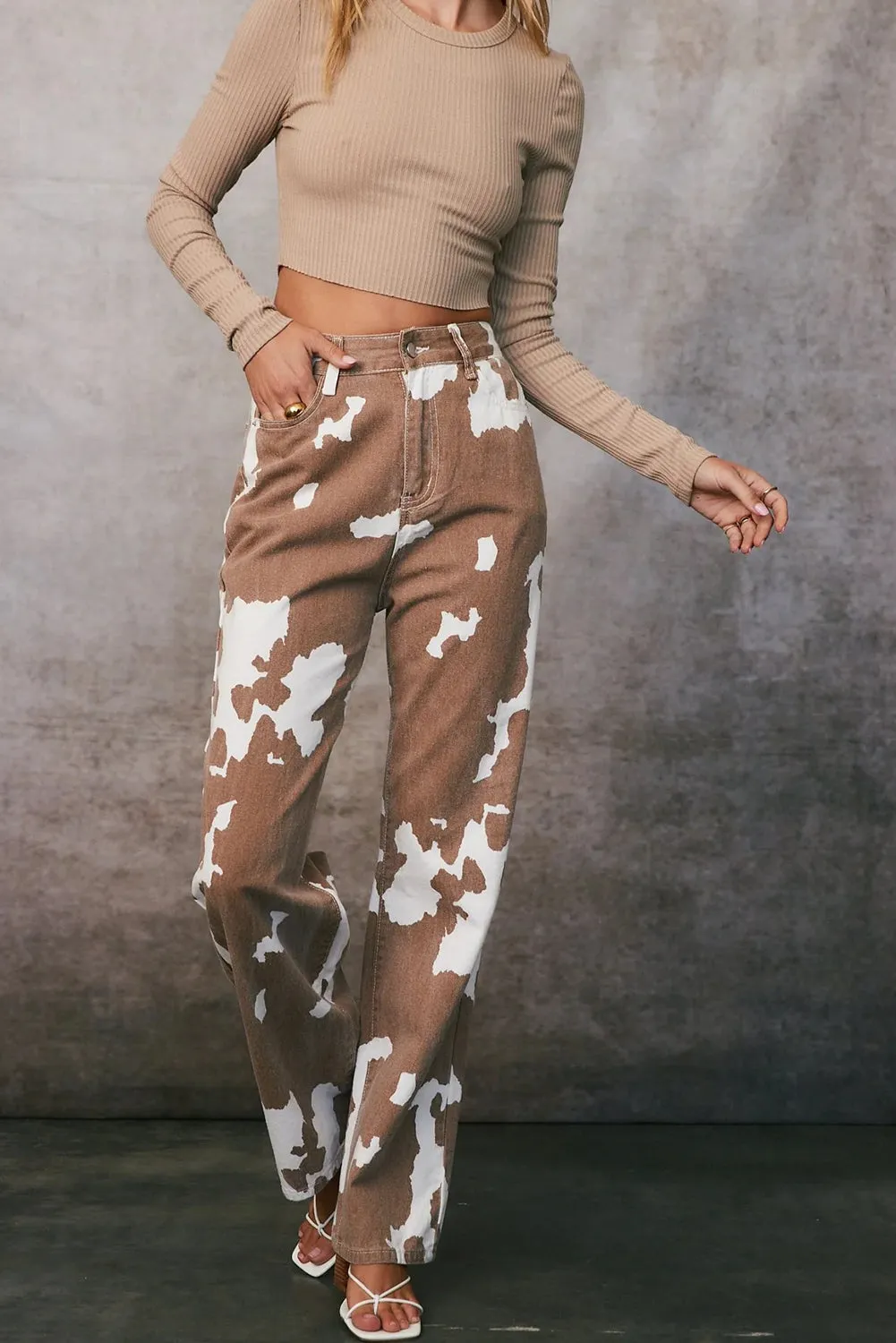 Khaki Cow Spot Print Pocketed Jeans