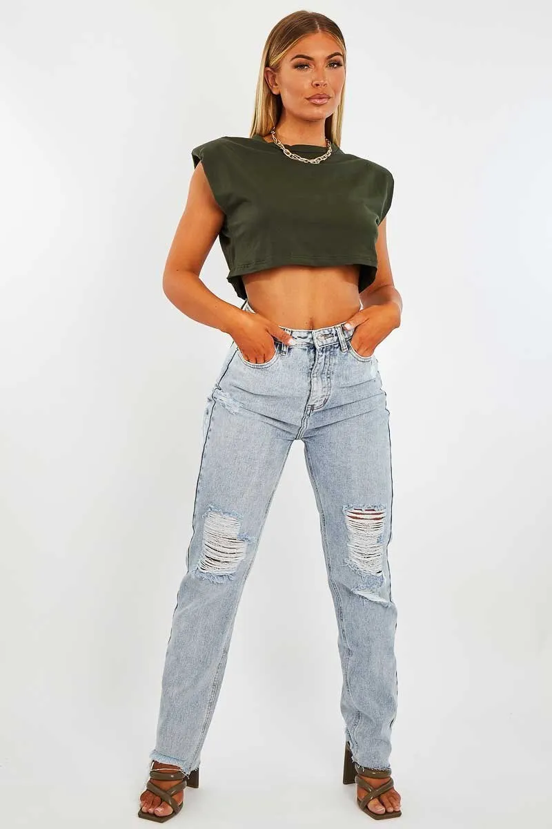 Khaki Cropped Shoulder Pad T-shirt - Ivani