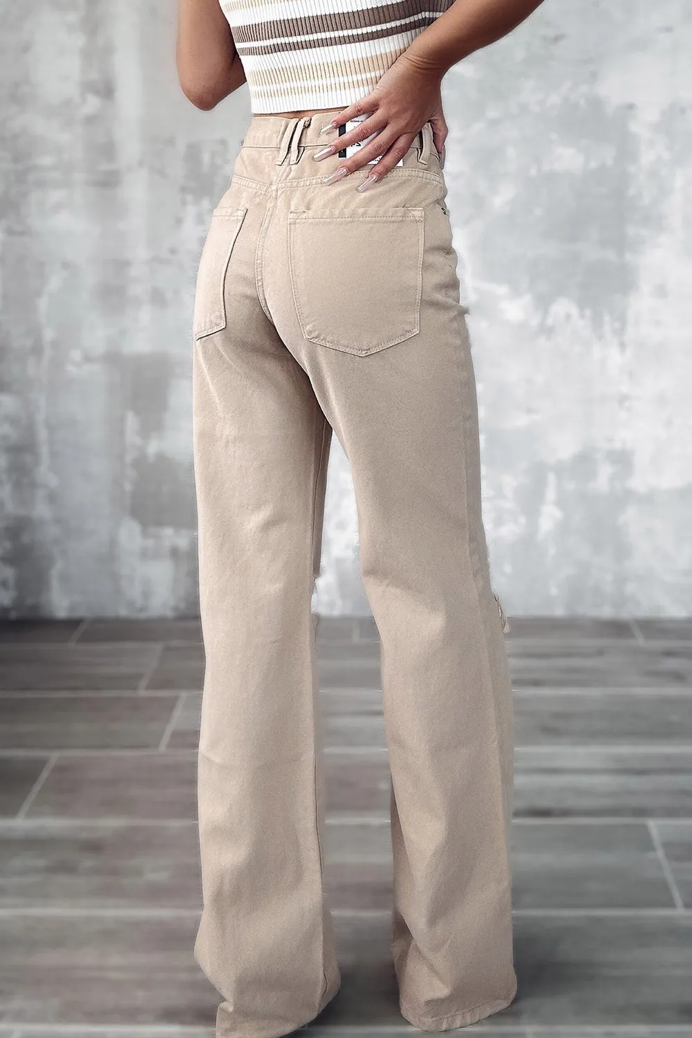Khaki High Waist Ripped Wide-Leg Jeans