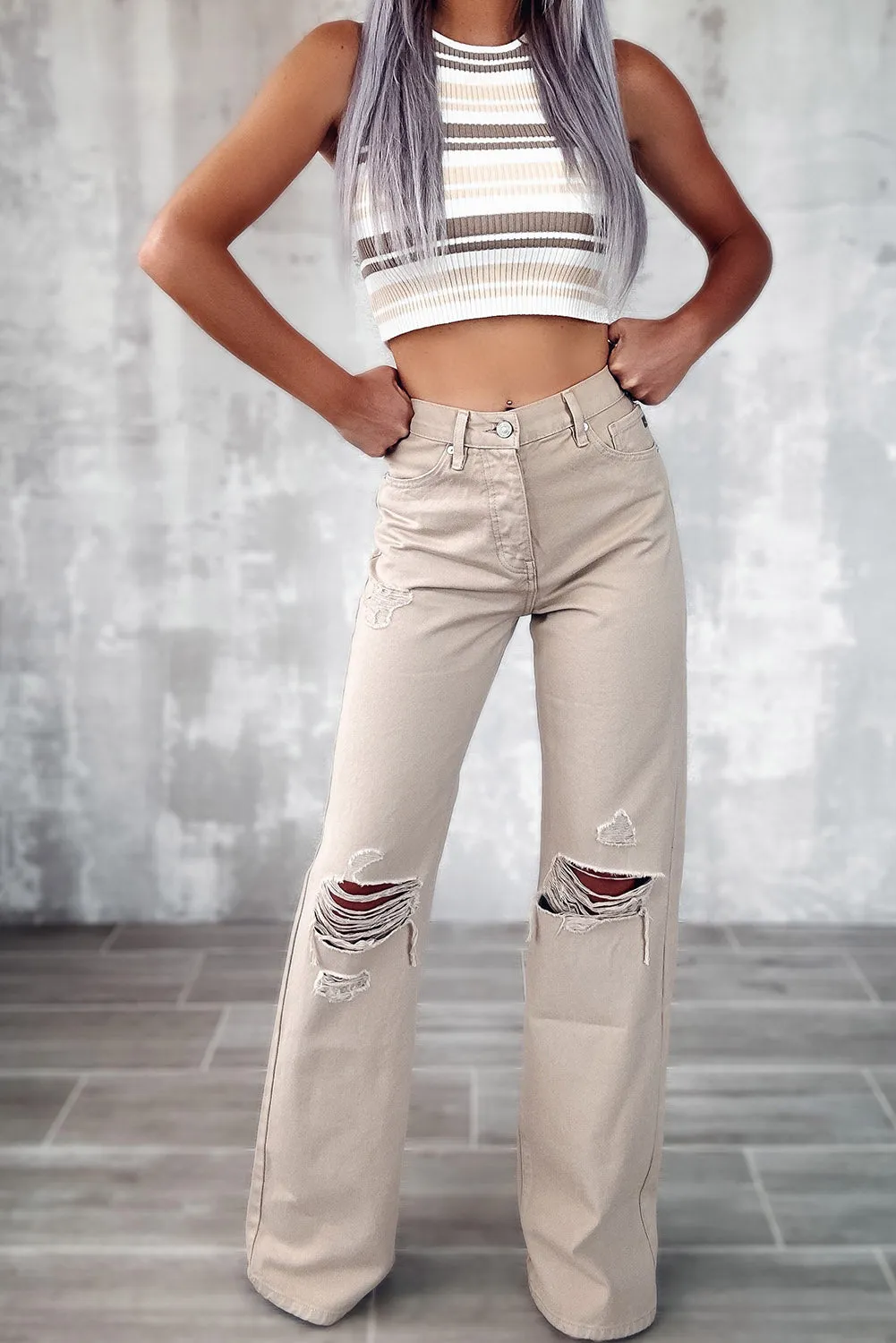 Khaki High Waist Ripped Wide-Leg Jeans