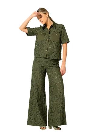 KHAKI LACE SEMI-LINED PALAZZO TROUSERS