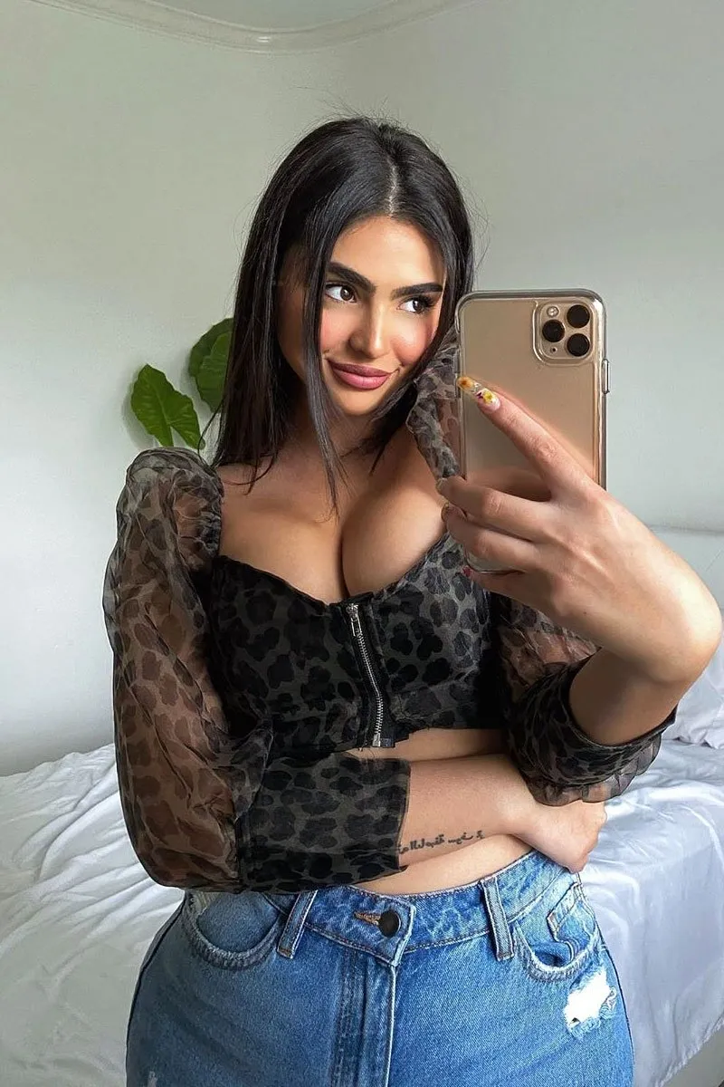 Khaki Leopard Mesh Puff Sleeve Crop Top - Miri