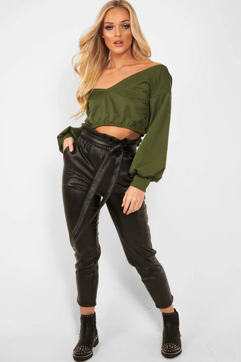 Khaki Plunge off Shoulder Cropped Sweatshirt - Zarah