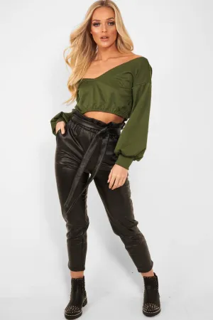 Khaki Plunge off Shoulder Cropped Sweatshirt - Zarah