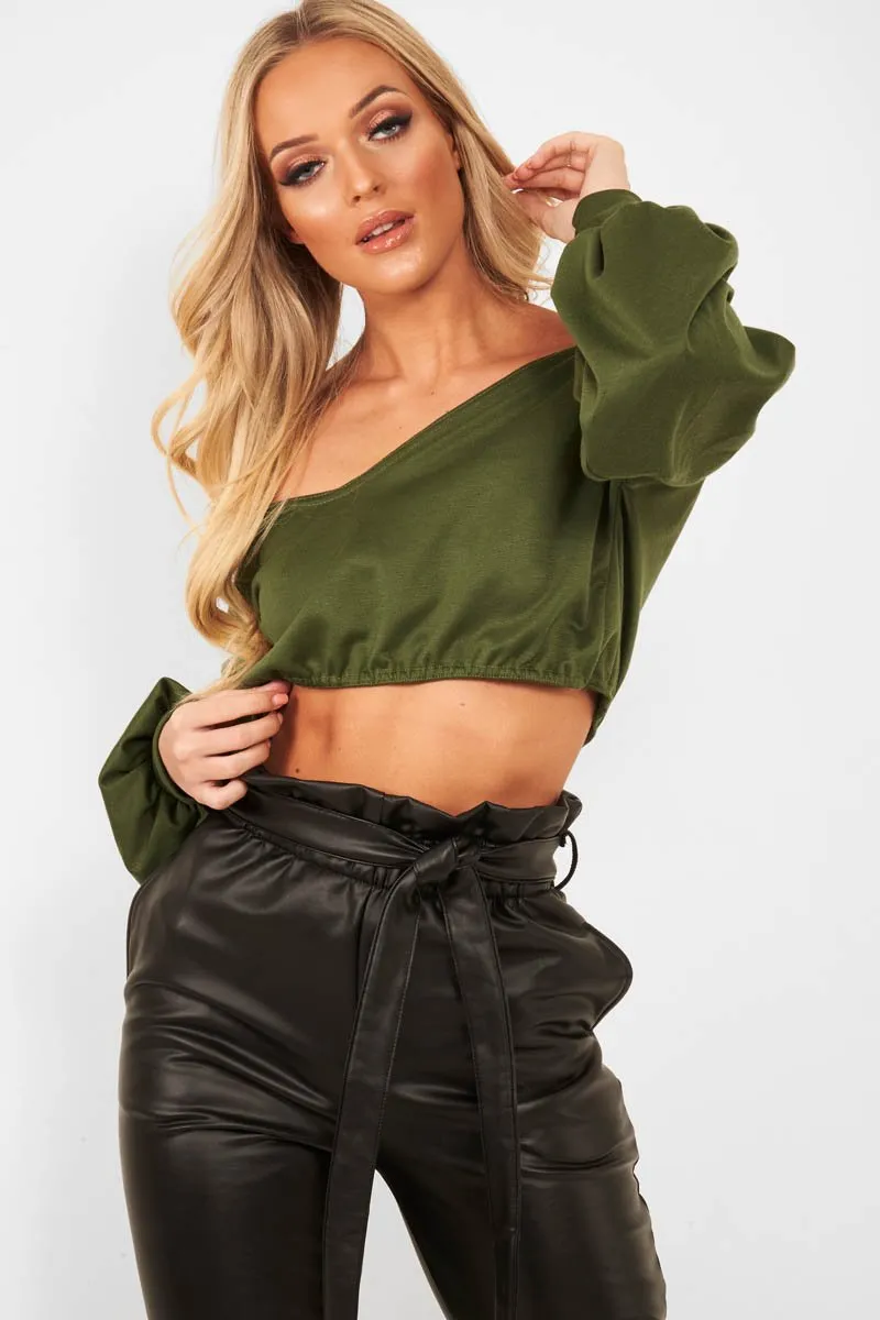 Khaki Plunge off Shoulder Cropped Sweatshirt - Zarah