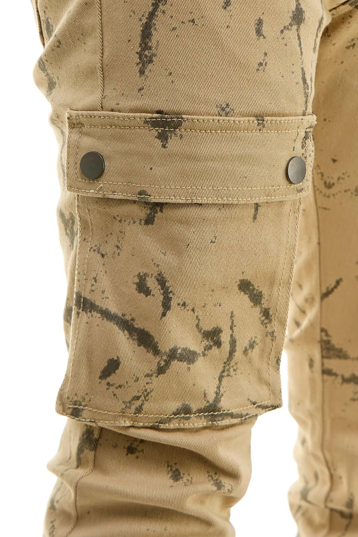 Khaki Stacked Mens Flare Jeans Big Pockets Outer Side Snap Buttons
