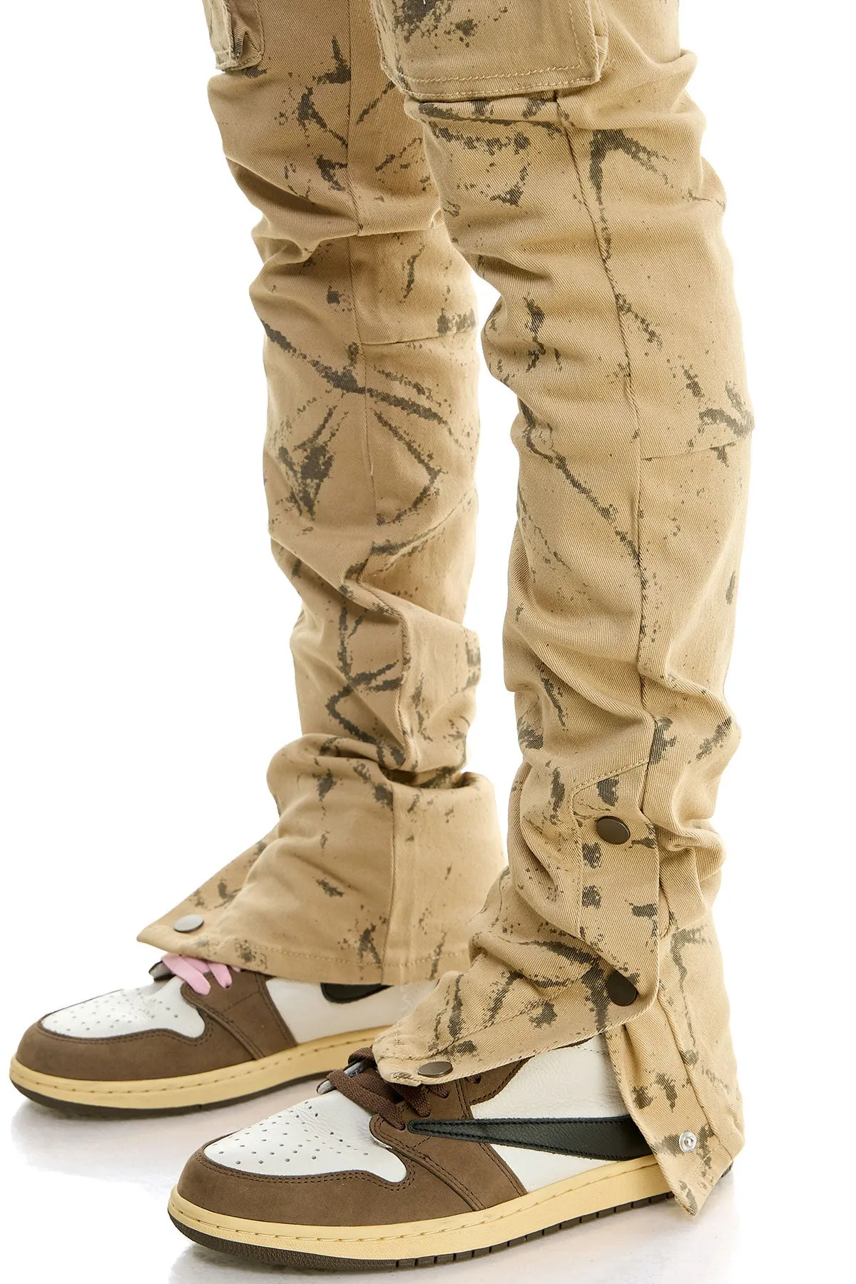 Khaki Stacked Mens Flare Jeans Big Pockets Outer Side Snap Buttons