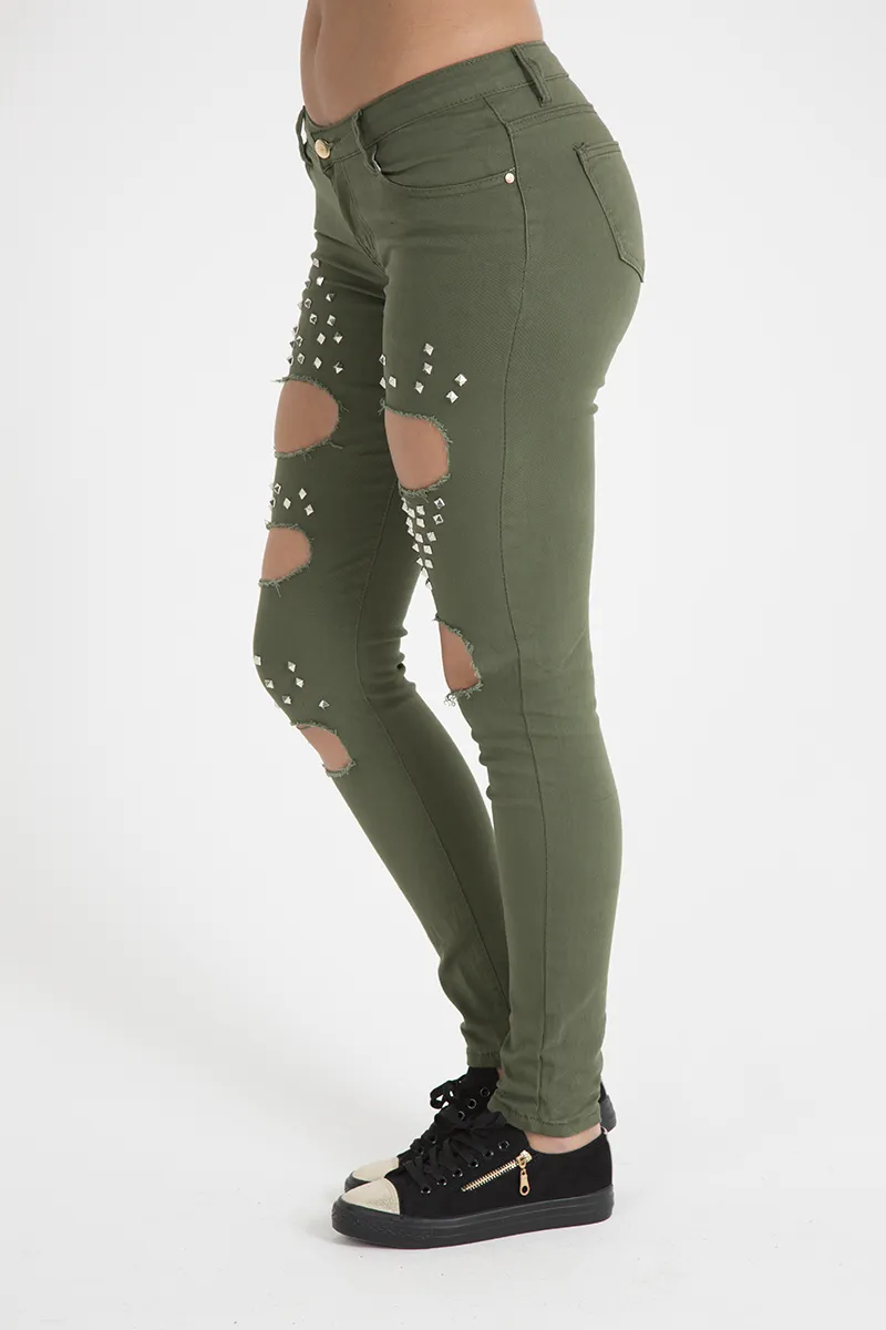 Khaki Studded Ripped Jeans - Christina