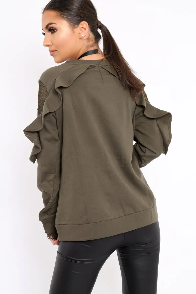 Khaki The Future Is Female Fishnet Frill Jumper - Jaeonna