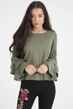 Khaki Triple Frill Sleeve Top - Clara