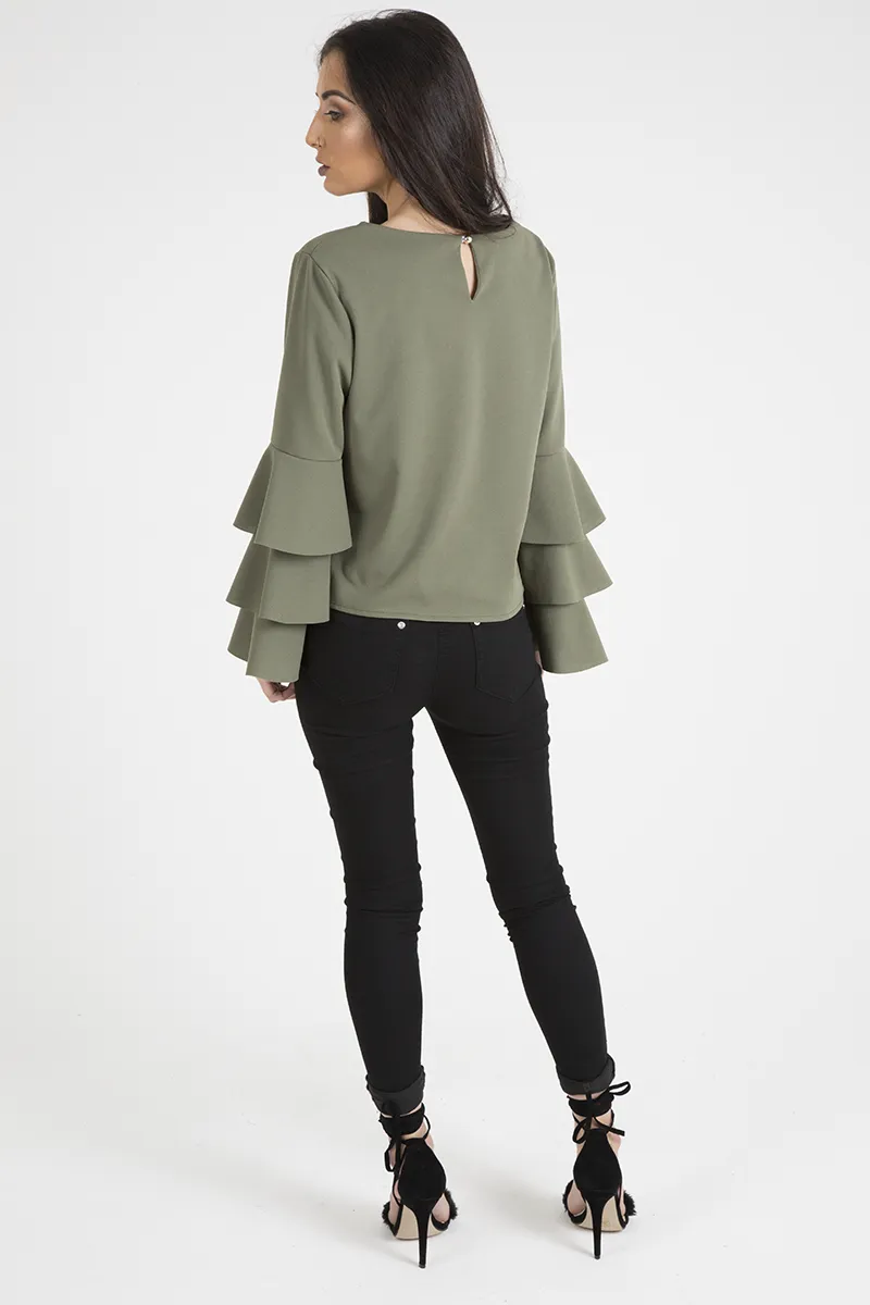 Khaki Triple Frill Sleeve Top - Clara