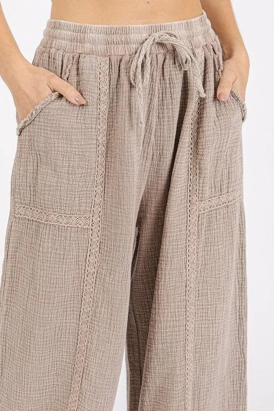 Lace Trim Detail Elastic Waist Cotton Gauze Pants