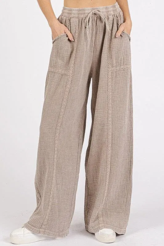 Lace Trim Detail Elastic Waist Cotton Gauze Pants