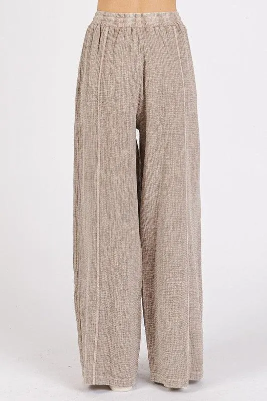 Lace Trim Detail Elastic Waist Cotton Gauze Pants
