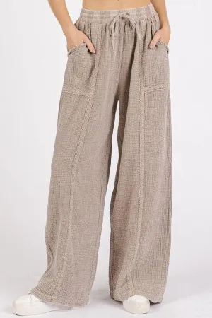 Lace Trim Detail Elastic Waist Cotton Gauze Pants