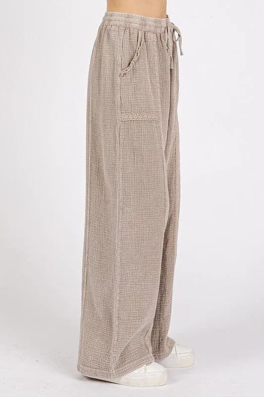 Lace Trim Detail Elastic Waist Cotton Gauze Pants