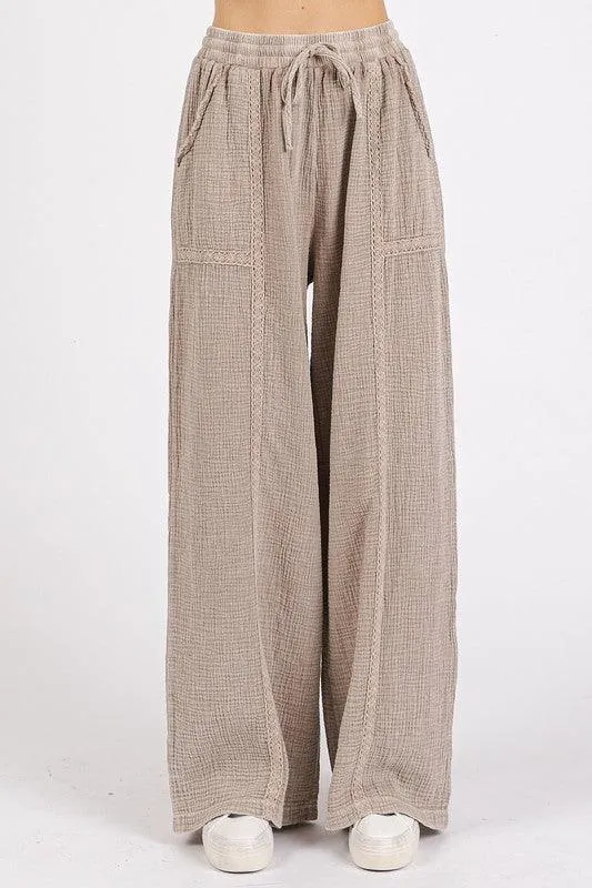 Lace Trim Detail Elastic Waist Cotton Gauze Pants