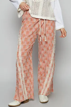 Lace Trim Drawstring Checkered Wide Leg Pants