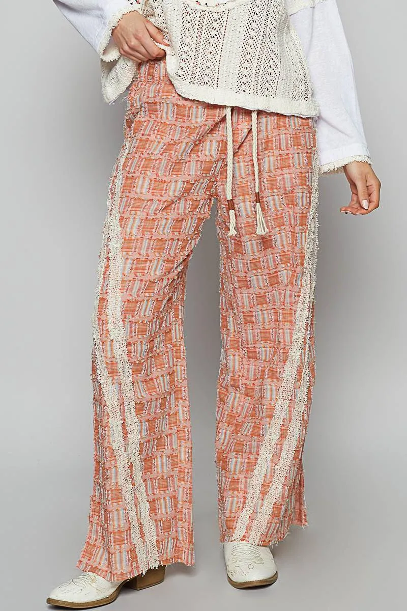Lace Trim Drawstring Checkered Wide Leg Pants