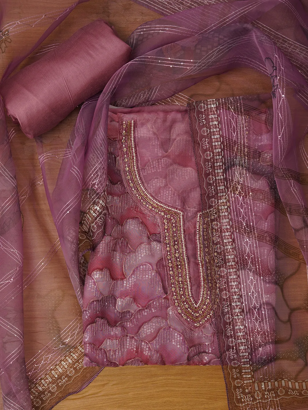 Lavender Unstitched Embroidered Organza Dress Material With Dupatta