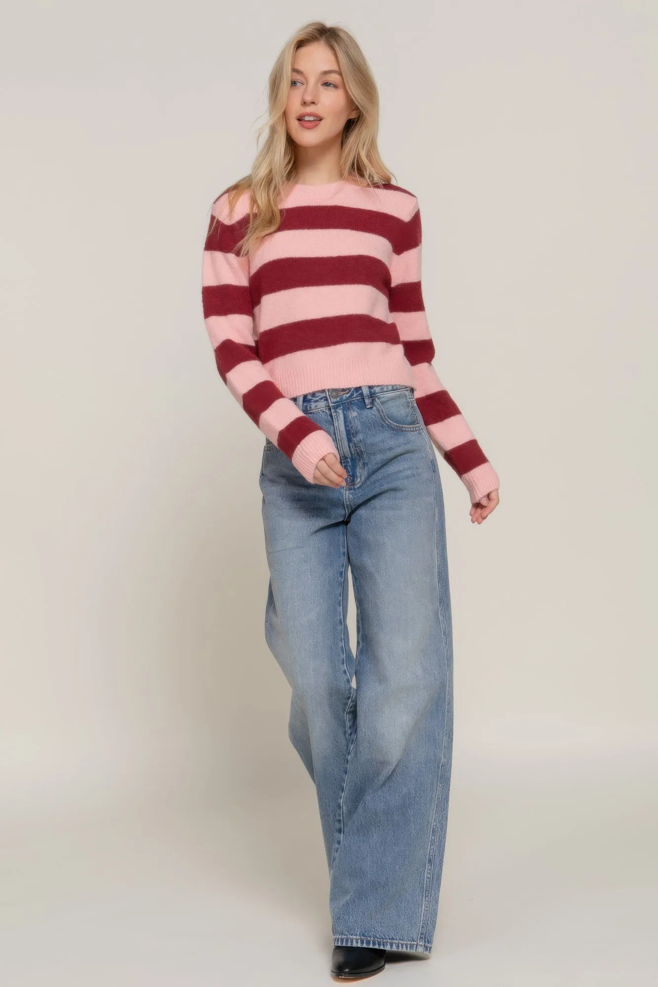 Long Sleeve Crew Neck Pink Stripe Sweater