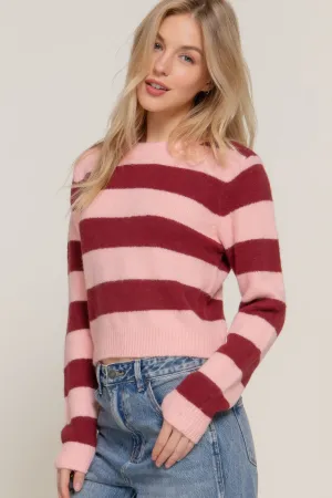 Long Sleeve Crew Neck Pink Stripe Sweater