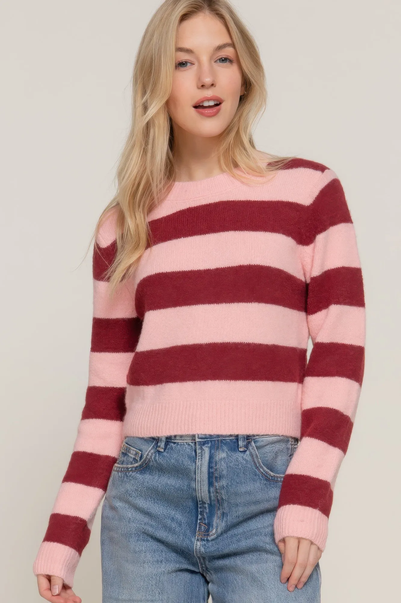 Long Sleeve Crew Neck Pink Stripe Sweater