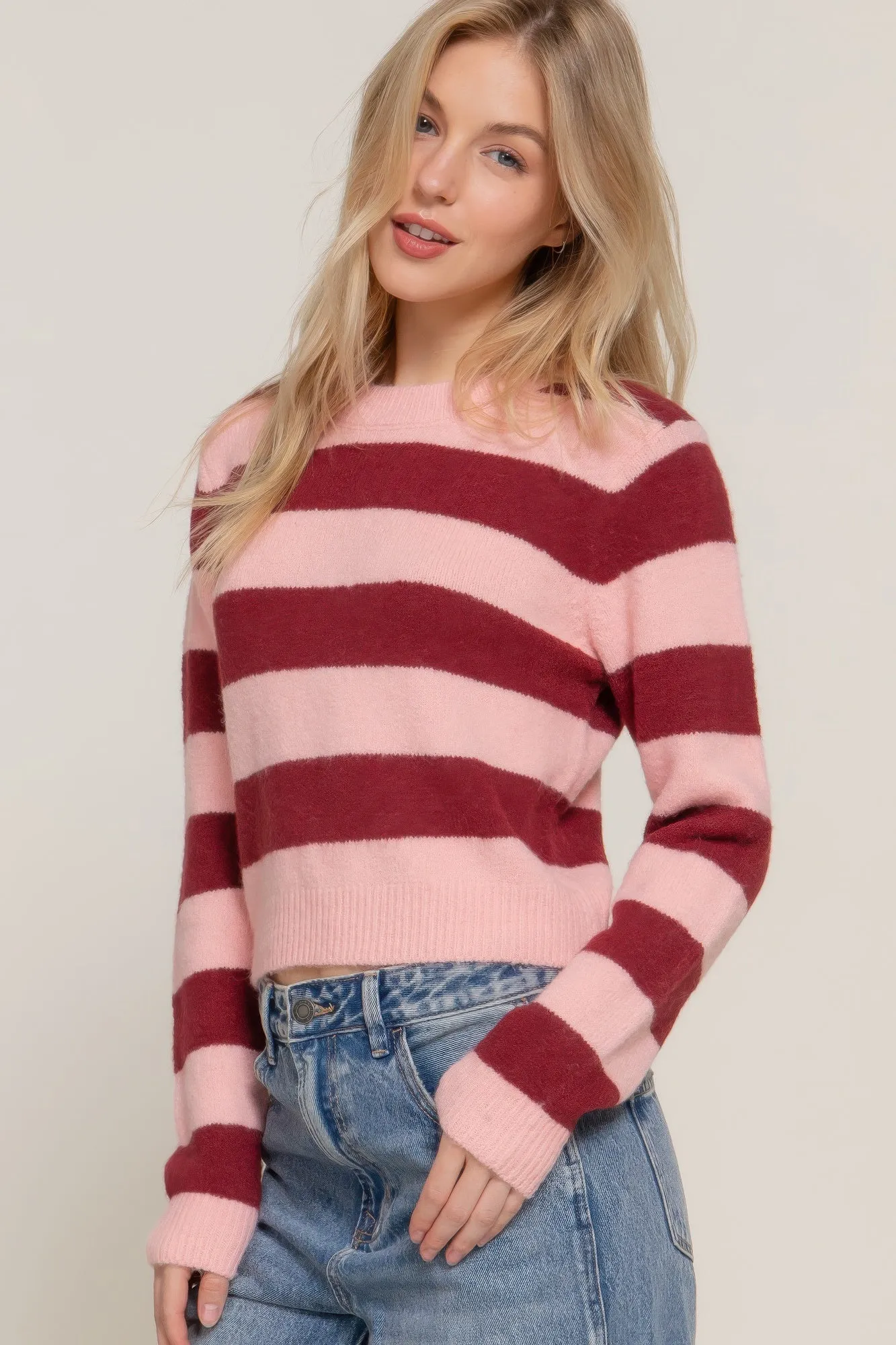 Long Sleeve Crew Neck Pink Stripe Sweater