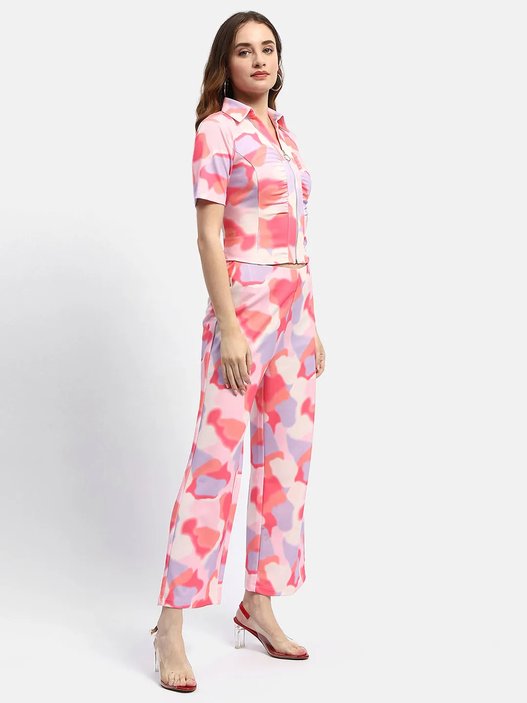 Madame Abstract Print Red Top With Trouser Co-Ord Set