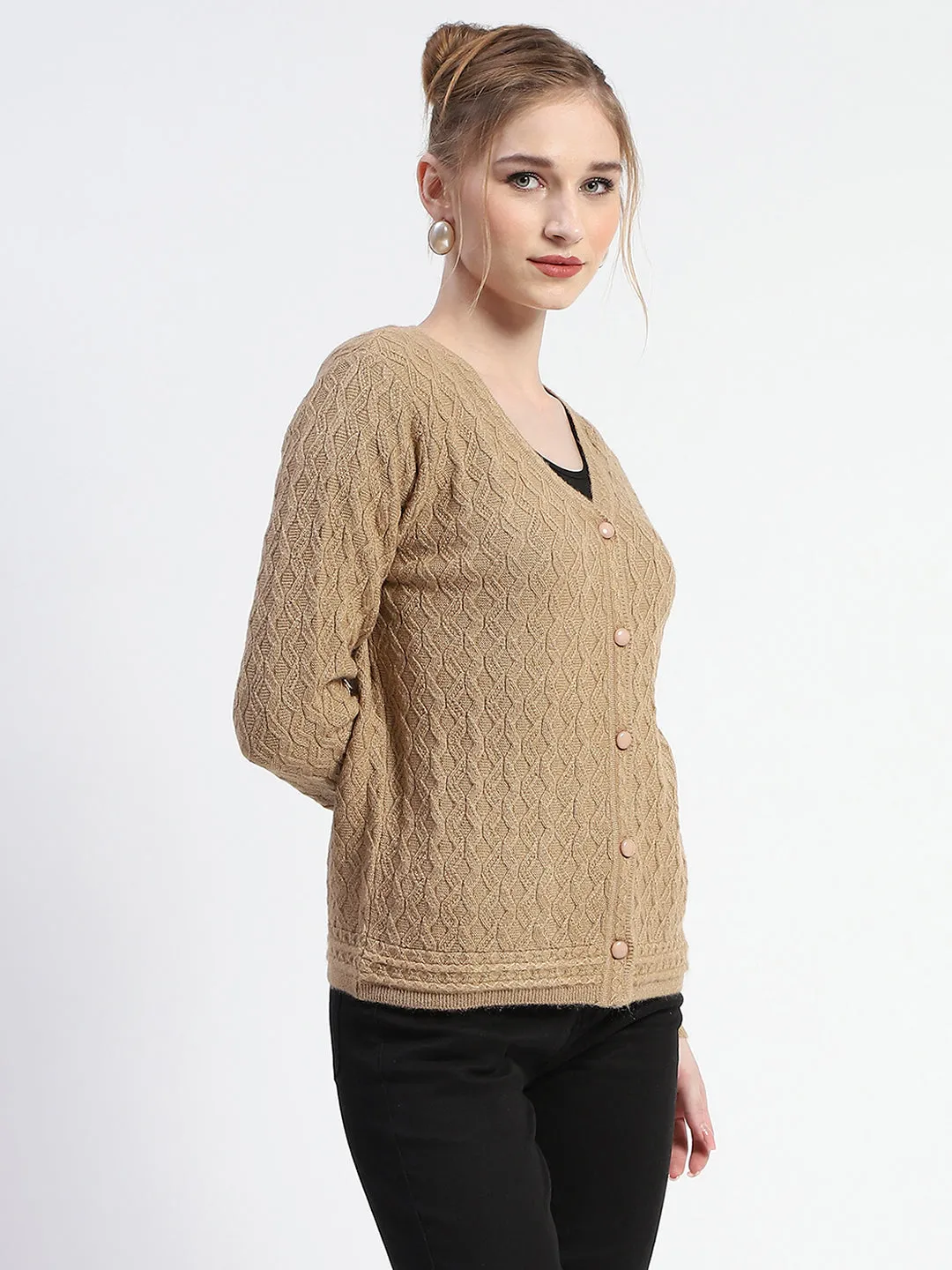 Madame Button Down Cable Knit V Neck Solid Khaki Cardigan