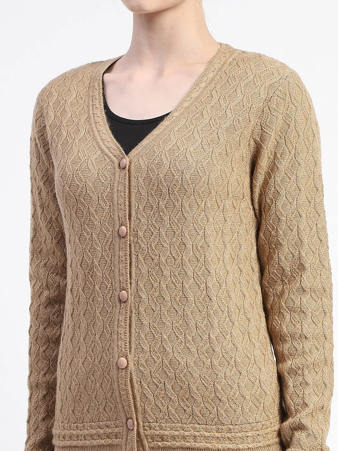 Madame Button Down Cable Knit V Neck Solid Khaki Cardigan