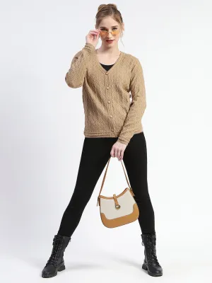 Madame Button Down Cable Knit V Neck Solid Khaki Cardigan