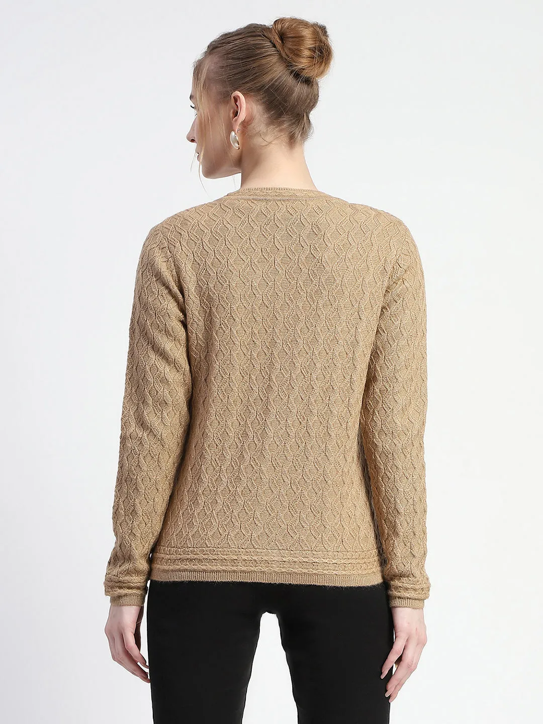 Madame Button Down Cable Knit V Neck Solid Khaki Cardigan