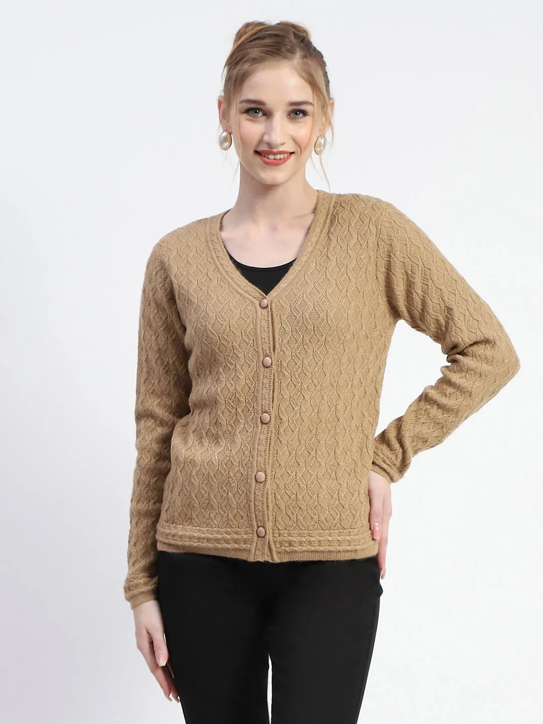 Madame Button Down Cable Knit V Neck Solid Khaki Cardigan