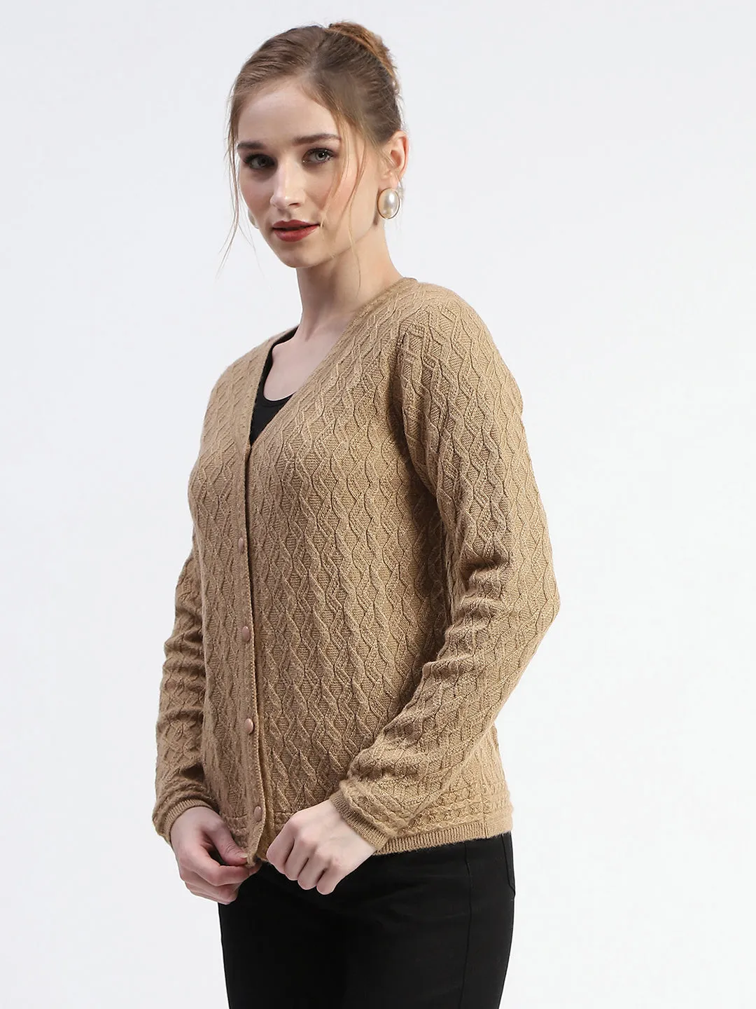 Madame Button Down Cable Knit V Neck Solid Khaki Cardigan