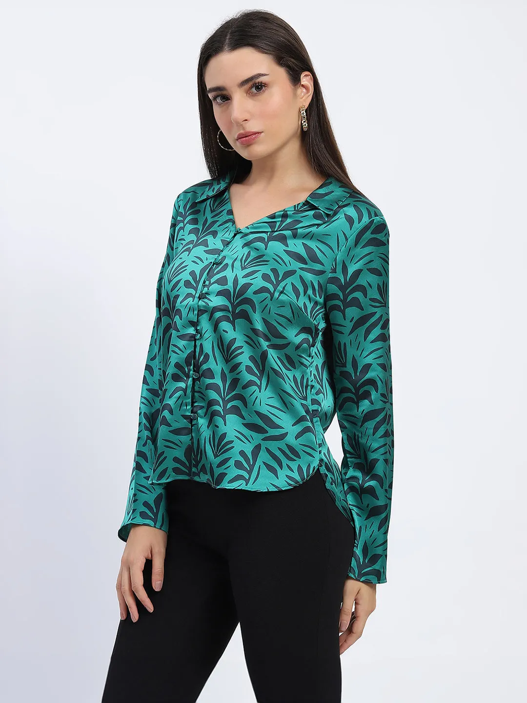 Madame Stylish Teal Green Leaf Print Shirt with Long Sleeves