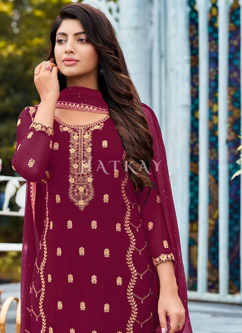 Magenta Georgette Embroidered Pant Suit