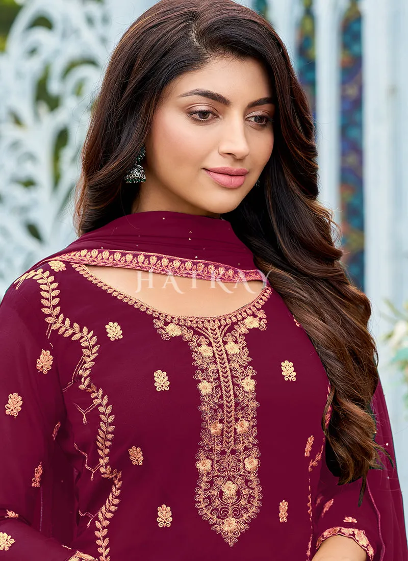 Magenta Georgette Embroidered Pant Suit