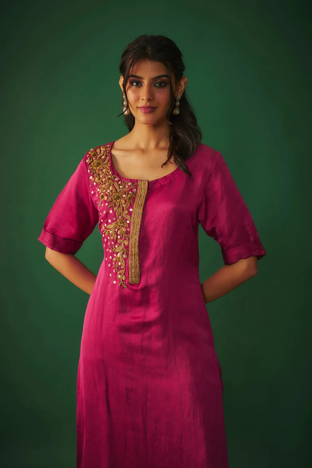 Magenta Pink Embroidered Kurta And Pants Set