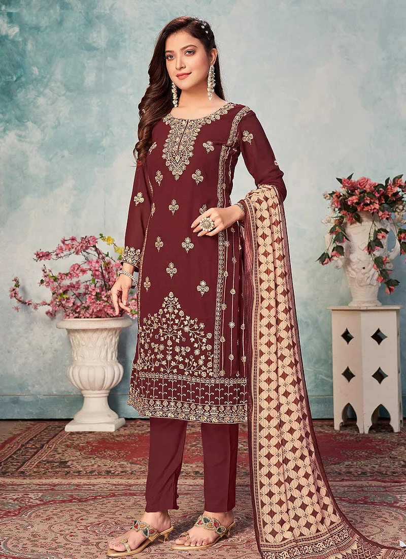 Maroon Georgette Pants Style Suit