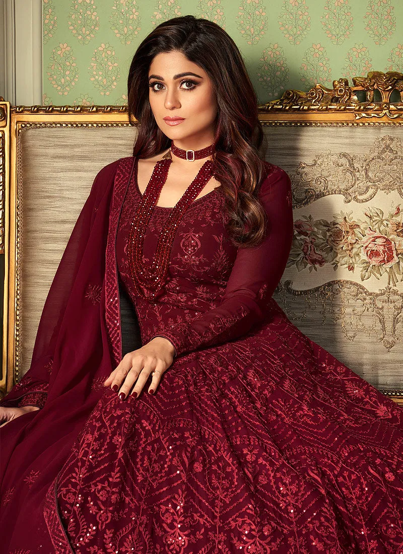 Maroon Lucknowi Embroidered Anarkali Suit
