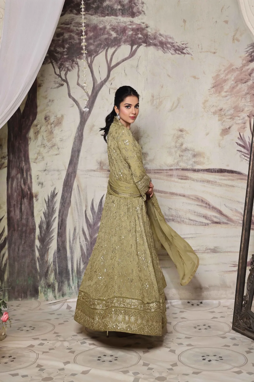 Mehndi Magic: Embroidered Open Gown Frock