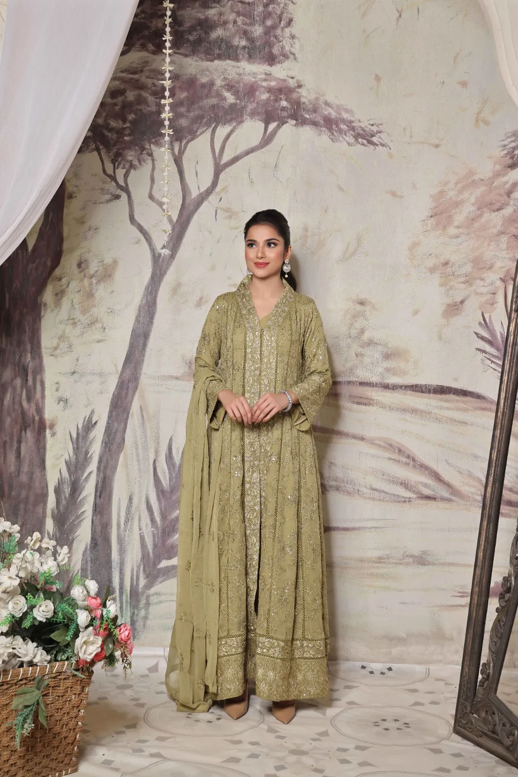 Mehndi Magic: Embroidered Open Gown Frock