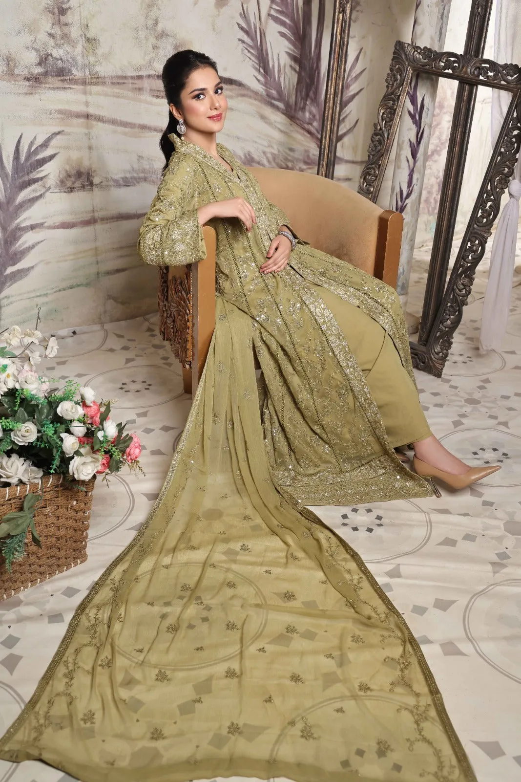 Mehndi Magic: Embroidered Open Gown Frock