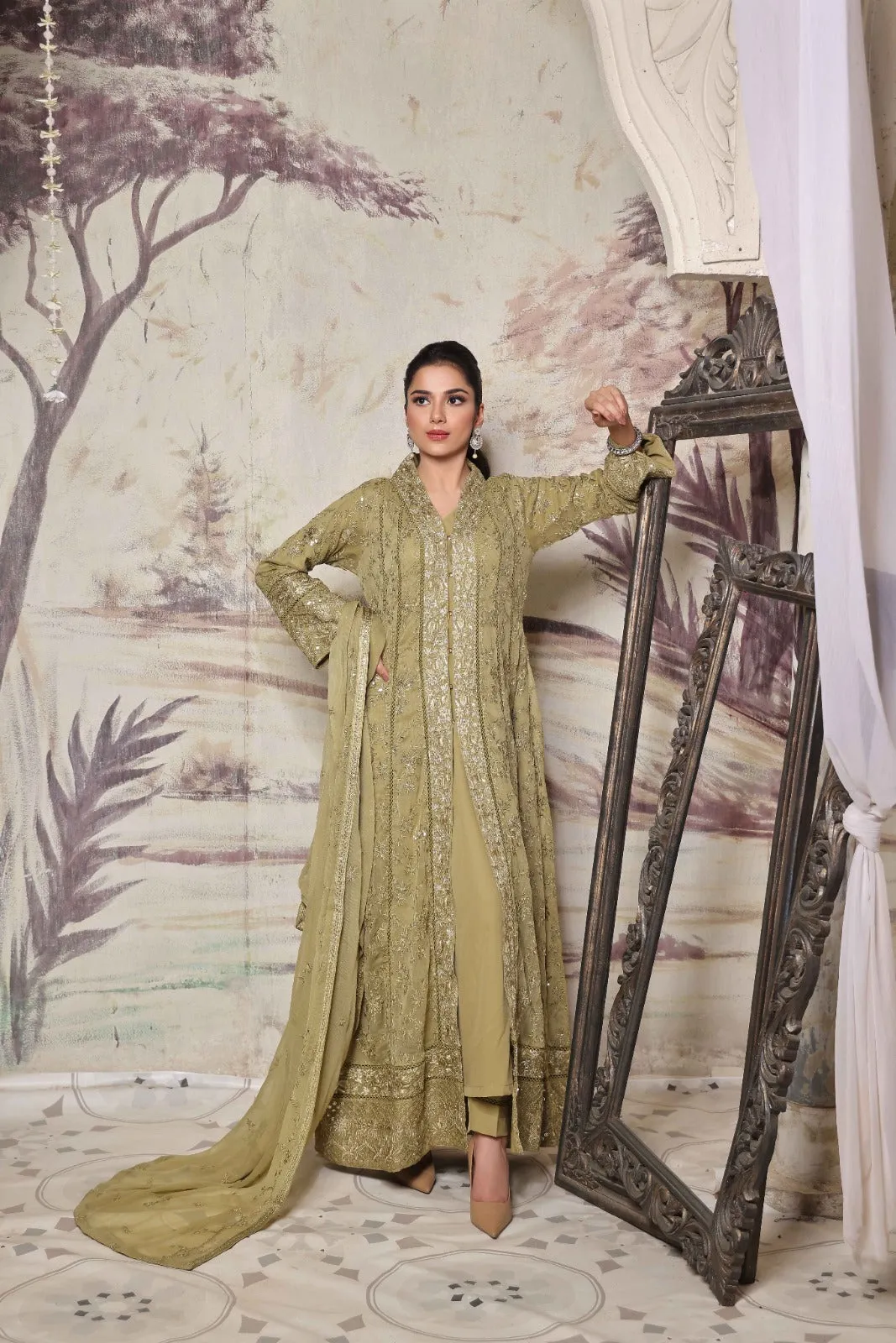 Mehndi Magic: Embroidered Open Gown Frock